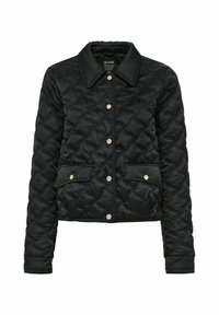 Czarna pikowana kurtka z kołnierzykiem, zapięciem na napy oraz dwiema przednimi kieszeniami, charakteryzująca się gładką teksturą i delikatnym połyskiem.