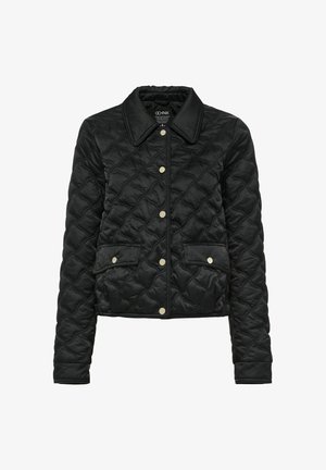 Czarna pikowana kurtka z kołnierzykiem, zapięciem na napy oraz dwiema przednimi kieszeniami, charakteryzująca się gładką teksturą i delikatnym połyskiem.