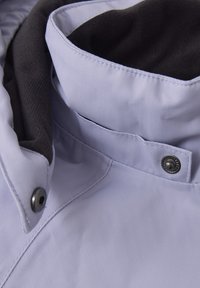 Light purple jacket collar with herringbone texture. Features a dark lining and a silver snap button accent.