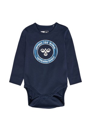 Marineblauer Langarm-Bodysuit mit einem runden Grafikdesign, das "Verändere die Welt durch Sport" und ein stilisiertes Bienenmotiv zeigt. Druckknopfverschluss am Boden.