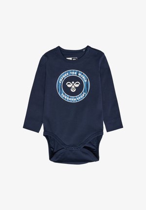 Mörkblå långärmad bodysuit med en rund grafisk design som visar "Förändra världen genom sport" och en stiliserad bi-design. Tryckknappsstängning i botten.