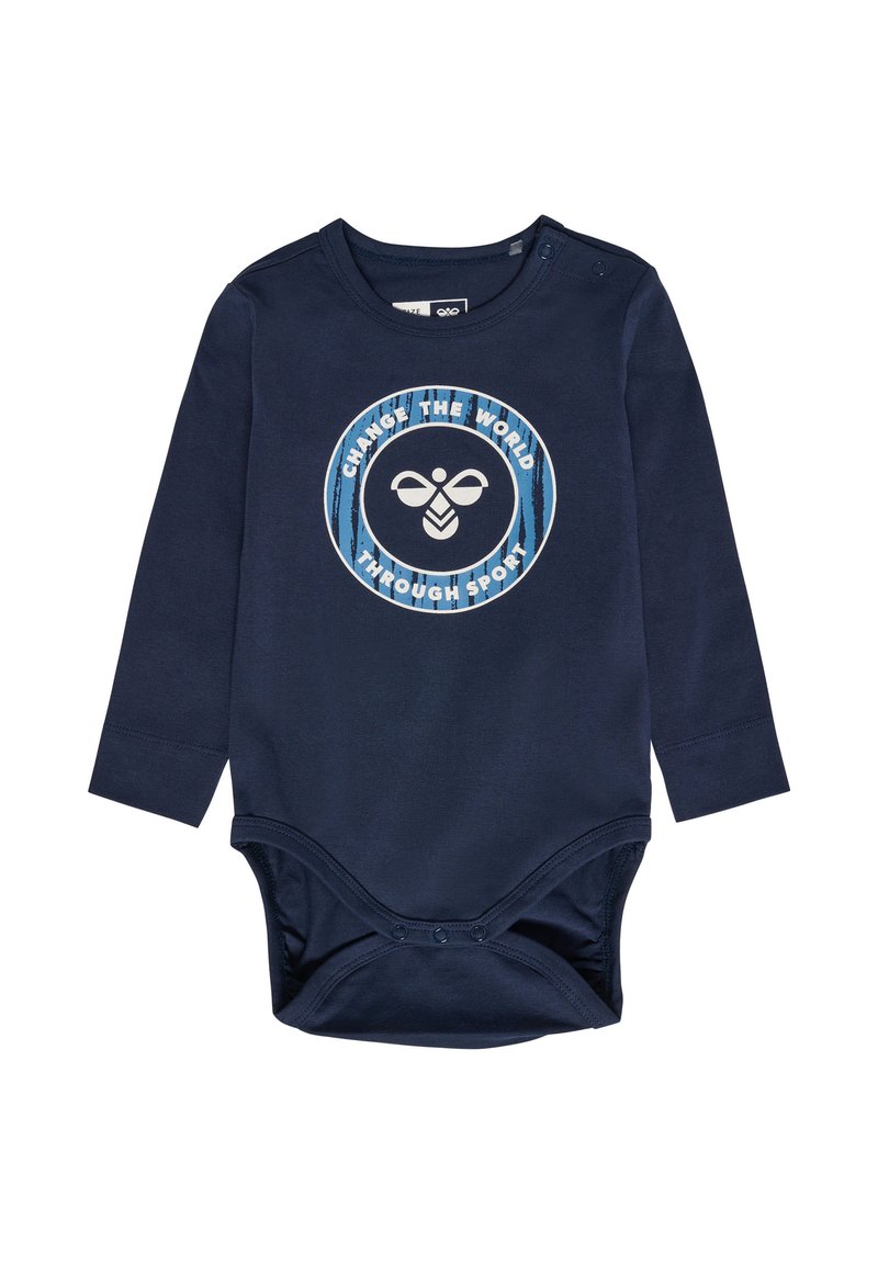 Mörkblå långärmad bodysuit med en rund grafisk design som visar "Förändra världen genom sport" och en stiliserad bi-design. Tryckknappsstängning i botten.