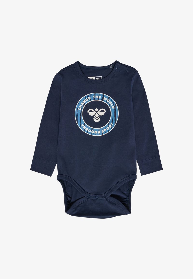 Marineblauer Langarm-Bodysuit mit einem runden Grafikdesign, das "Verändere die Welt durch Sport" und ein stilisiertes Bienenmotiv zeigt. Druckknopfverschluss am Boden.