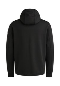 Sudadera negra con capucha ajustable, puños de canalé y una textura suave. Diseño liso sin patrones visibles ni detalles de hardware.