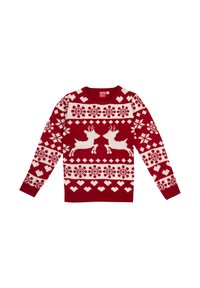 Maglione rosso lavorato a maglia con motivi bianchi di renne e fiocchi di neve, con cuori, maniche lunghe e scollatura rotonda. Etichetta con la dicitura "United Labels."