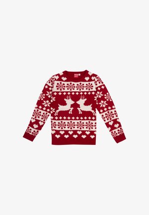 Maglione rosso lavorato a maglia con motivi bianchi di renne e fiocchi di neve, con cuori, maniche lunghe e scollatura rotonda. Etichetta con la dicitura "United Labels."