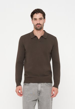 Mann mit dunklen Haaren und Bart, der einen braunen langärmligen Pullover mit Kragen und hellgraue Jeans trägt, steht vor weißem Hintergrund.