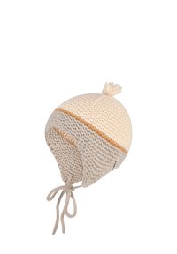 Strickmütze in Beige und Creme mit einem gestreiften Muster, Ohrenschützern und einem oberen Pompon. Enthält Bänder zum sicheren Verschließen.