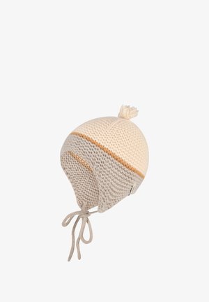 Knit hat with beige and cream colors, featuring a striped pattern, ear flaps, and a top pom-pom. Includes ties for secure fastening.