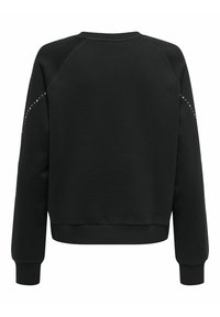 Sweatshirt noir avec un col rond et de longues manches raglan. Présente des clous décoratifs le long de la couture de l'épaule. Tissu doux et texturé.