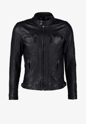 Giacca in pelle nera con colletto alto, chiusura frontale con zip e due tasche sul petto con zip, caratterizzata da un design delle spalle senza cuciture e cuciture minime.