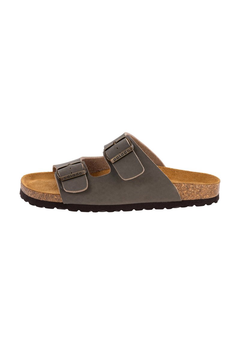 Donkergrijze sandalen met twee verstelbare banden, kurken voetbed en een gestructureerde rubberen zool, voorzien van metalen gespen en een gladde oppervlakte.