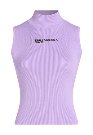 Top bez rukávov s vysokým golierom vo ribbovanom fialovom materiáli; na prednej strane sa nachádza čierne logo "KARL LAGERFELD JEANS". Hladká textúra, priliehavý strih.