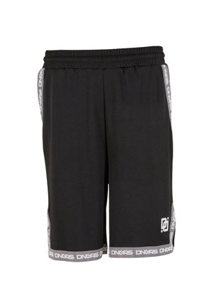 Mustad must sportlikud lühikesed püksid elastse vöökohtaga, valge logo ääres, ja valge "DNGRS" tekst hallil ääre triibul külgedel ja alumistes servades.