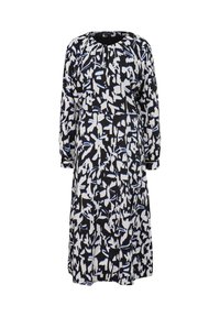 Vestido de manga larga en negro con un patrón abstracto en blanco y azul claro, que presenta un escote redondo y detalles fruncidos en los hombros.