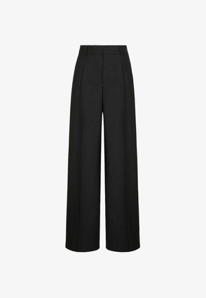 Pantaloni neri wide-leg realizzati in tessuto testurizzato, caratterizzati da una vita alta, pieghe frontali e una vita standard per una vestibilità sartoriale.