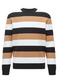 Pull à rayures aux couleurs noir, blanc et beige. Encolure ronde côtelée et poignets, tissu texturé avec des rayures horizontales.