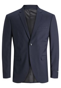 Blazer azul marino con solapas de muesca, cierre de un solo botón, bolsillo delantero y tela lisa y texturizada. Interior forrado en un tono más claro.