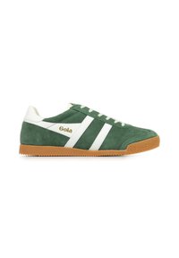 Sneakers in suede verde con strisce bianche, suola in gomma naturale e marchio dorato. Presentano una punta arrotondata e un collo imbottito per il comfort.
