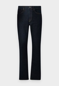 Dark blue denim jeans with a straight-leg design, five-pocket style, contrast stitching, and a button and zipper closure at the waistband.