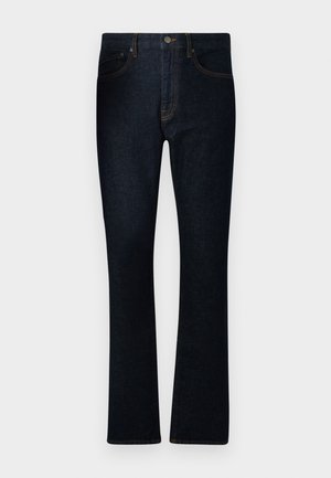 Mörkblå denimjeans med rak bendesign, femficksstil, kontrastsömmar och knapplås samt dragkedja i midjan.