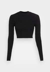 Black ribbed long-sleeve crop top with a high neckline. Features form-fitting design and textured fabric. No visible hardware or patterns.