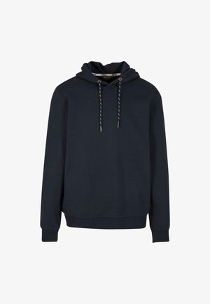 Navyblauer Hoodie aus Baumwollmischung. Verfügt über eine Kordelzugkapuze, gerippte Bündchen und eine Kängurutasche. Glatte Textur, lässiges Design.