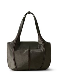 Spacious shoulder bag in textured dark green material, featuring a smooth dark green flap and brown accents, with curved design lines.