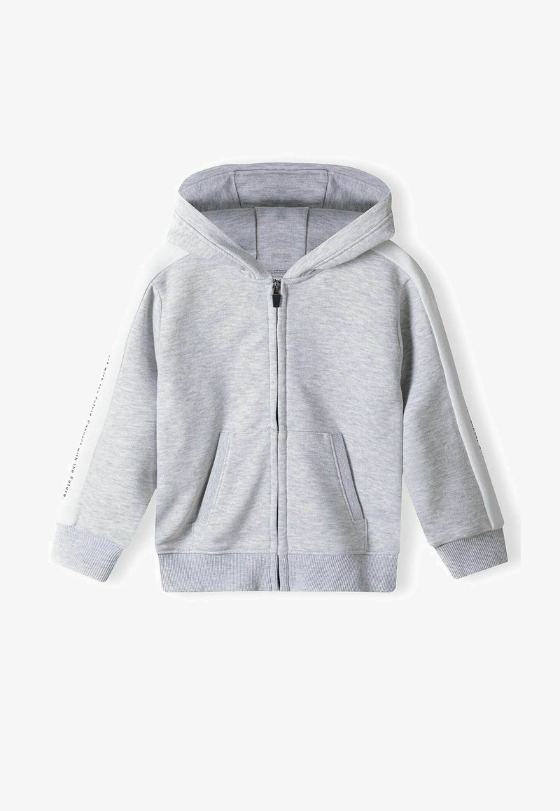 Svetlo siva kapuca zip-up dukserica s rebrastim manžetama i donjim delom, prednjim džepovima i belim prugama sa tekstom duž rukava.