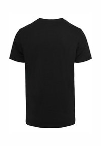 Sort T-shirt med korte ærmer og klassisk rund hals, lavet af bomuld, med et enkelt design og en blød, glat tekstur.