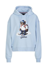 Lichtblauwe hoodie met een afbeelding van een beer in winterkleding, met trekkoorden, ribgebreide manchetten en de tekst "Snowbear". Zachte stoftextuur.