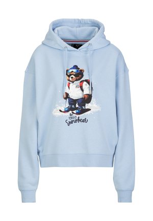 Helle blaue Kapuzenjacke mit einem Grafikdruck eines Bären in Winterkleidung, mit Kordelzügen, gerippten Bündchen und dem Text "Snowbear". Weicher Stoff.