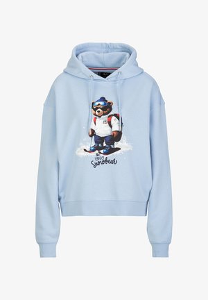 Helle blaue Kapuzenjacke mit einem Grafikdruck eines Bären in Winterkleidung, mit Kordelzügen, gerippten Bündchen und dem Text "Snowbear". Weicher Stoff.