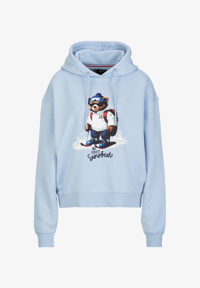 Lichtblauwe hoodie met een afbeelding van een beer in winterkleding, met trekkoorden, ribgebreide manchetten en de tekst "Snowbear". Zachte stoftextuur.