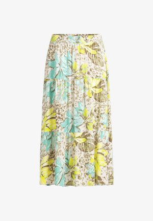 Jupe midi beige à design à étages, avec de grands motifs floraux et feuilles bleus, jaunes et marron.