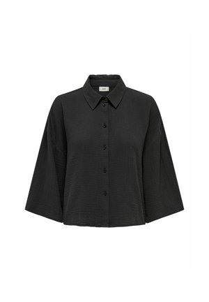 Chemise noire à boutons avec un col évasé, coupe ample, manches courtes, tissu texturé et ourlet droit. Comprend six boutons sur le devant.