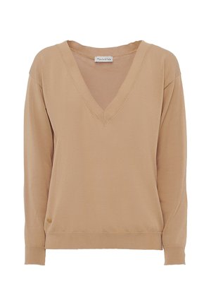 Pull beige à col en V, à manches longues et avec des poignets côtelés. Fabriqué en tissu doux, il présente un petit logo près de l'ourlet.