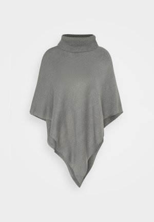 Hellgrauer Poncho mit hohem, geripptem Kragen. Hat ein strukturiertes Strickmuster und eine fließende, dreieckige Form, die nach unten fällt.