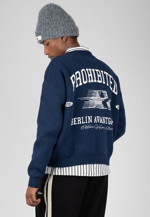 Persona che indossa un berretto di lana grigio e un maglione blu con testo "PROHIBITED BERLIN AVANTGARD" e una grafica a stella sul retro.