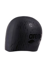 Gorro de natación negro de silicona, con una forma aerodinámica elegante, un patrón texturizado y el prominente logotipo blanco de "arena" en el costado.