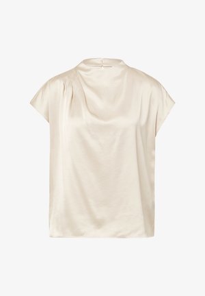 Kurzärmelige Bluse aus weichem beige Stoff, mit einem runden Ausschnitt und dezentem Drapierungsdetail, und einem verdeckten Reißverschluss auf der Rückseite.