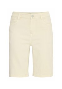 Shorts en denim beige à coupe droite, avec cinq poches et une fermeture par bouton à l'avant. Texture lisse et ourlets retroussés.