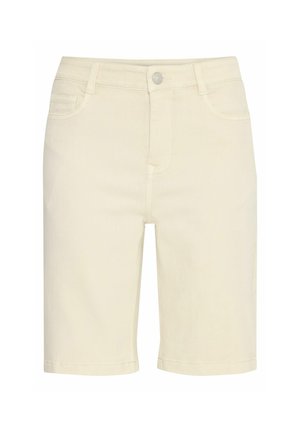 Bež denim kratke hlače s ravnim krojem, petimi žepi in sprednjim zapiranjem na gumb. Gladka textura in zavihani robovi.