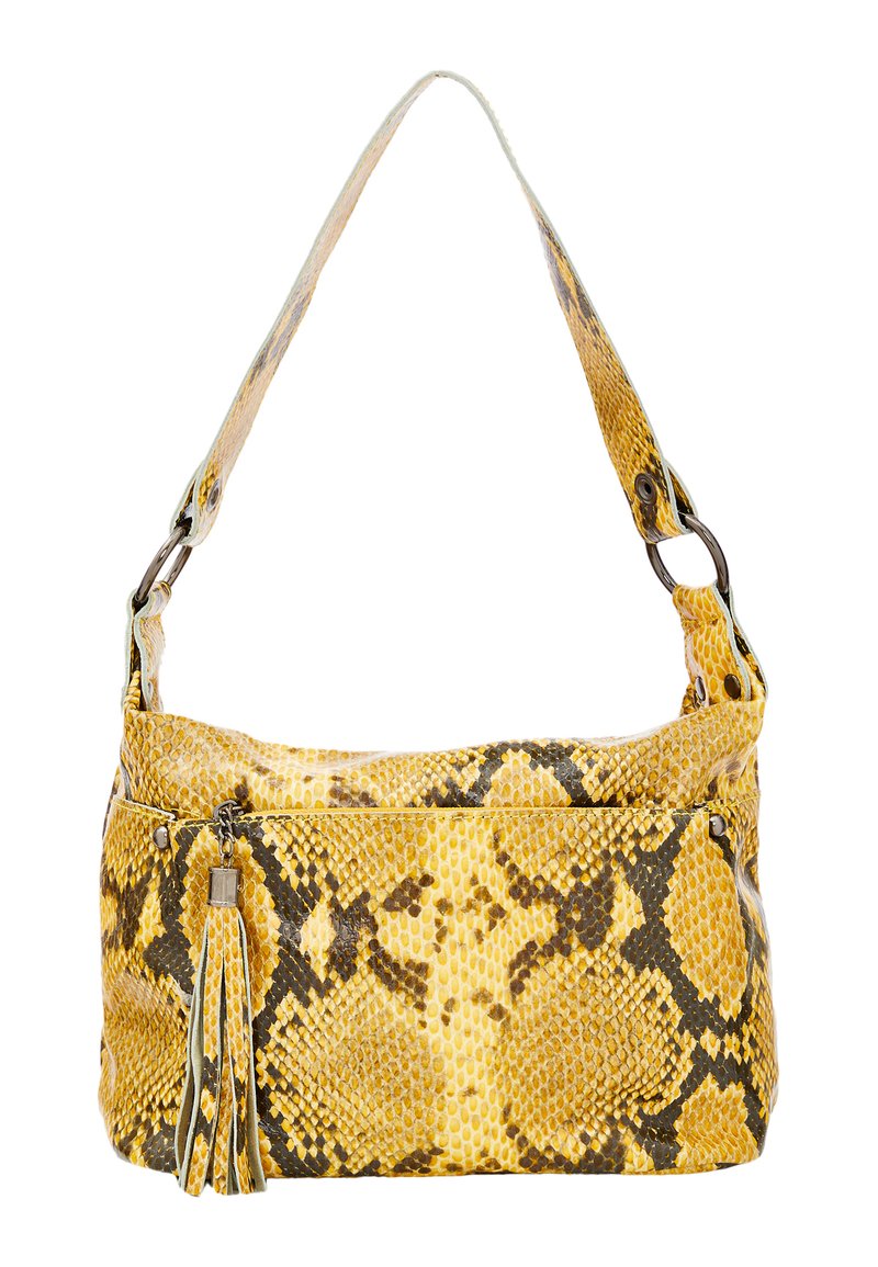 Geantă galbenă cu imprimeu de piton, cu un finisaj texturat, având o franjură detașabilă și o curea de umăr cu accente metalice.