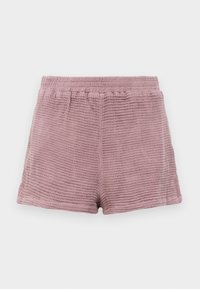 Shorts en tissu gaufré, de couleur rose clair, avec une taille élastique et une coupe décontractée. Bords ourlés sans poches.