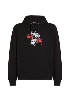 Black hoodie made of cotton blend, featuring a front pocket. The design includes seven faces in red, white, and black on the chest.