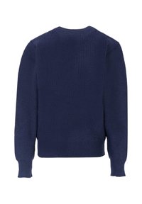 Granatowy sweter z prążkowanej dzianiny, z długimi rękawami, okrągłym dekoltem i luźnym krojem. Teksturowana tkanina i minimalistyczny design.