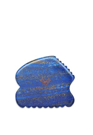 Haarrechen aus Lapislazuli mit wellenförmiger Gestalt, in Blau- und Goldtönen. Eingraviertes Logo in Orange in der Mitte. Strukturierten Kanten.