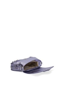 Borsa metallicamente viola con una forma strutturata, dotata di hardware argentato, apertura superiore e interni beige. Include scomparti visibili.