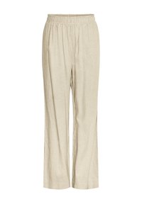 Beige linen pants with elastic waistband and straight leg cut, featuring a relaxed fit and side pockets.